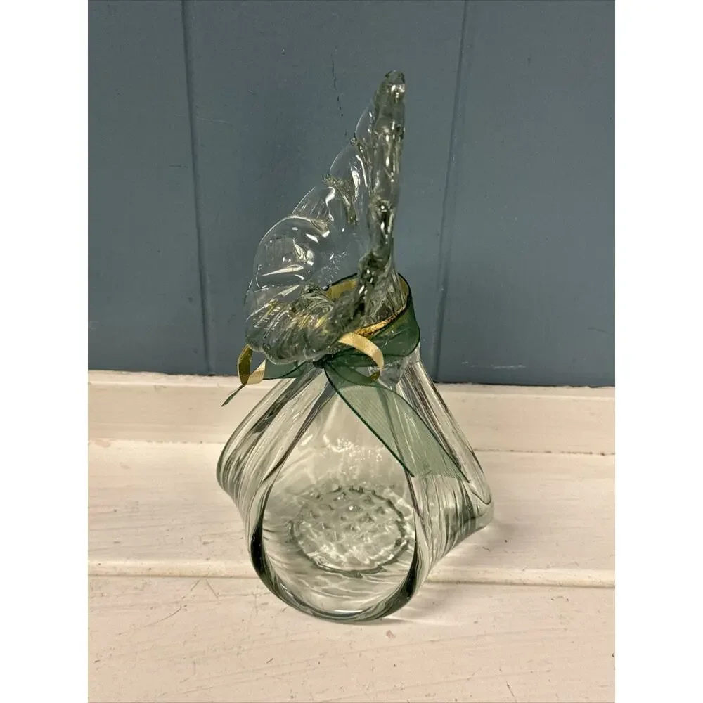 Handblown Iris Calla Lilly Clear Green‎ Glass 7” Votive Candleholder